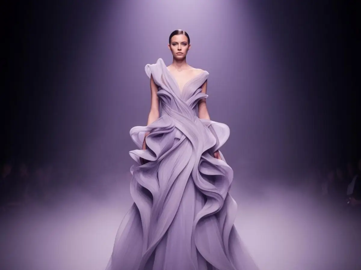 Avant-garde AI fashion model on a lavender-lit runway