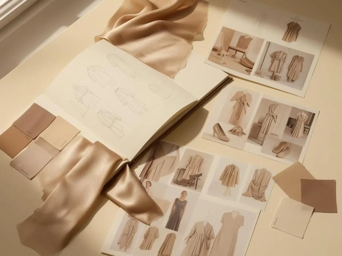 Editorial fashion portfolio dossier flat-lay with fabric swatches