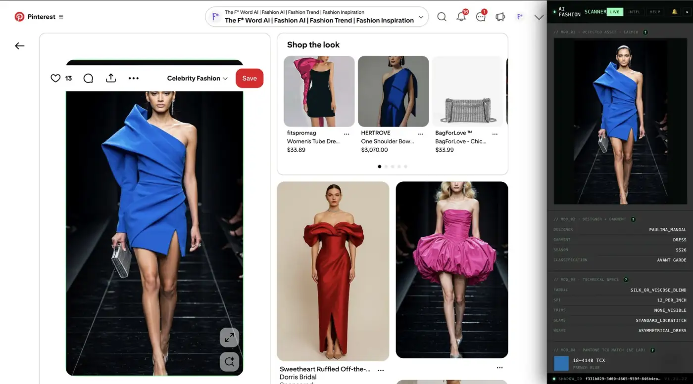 AI Fashion Scanner extracting garment data from a Pinterest reference