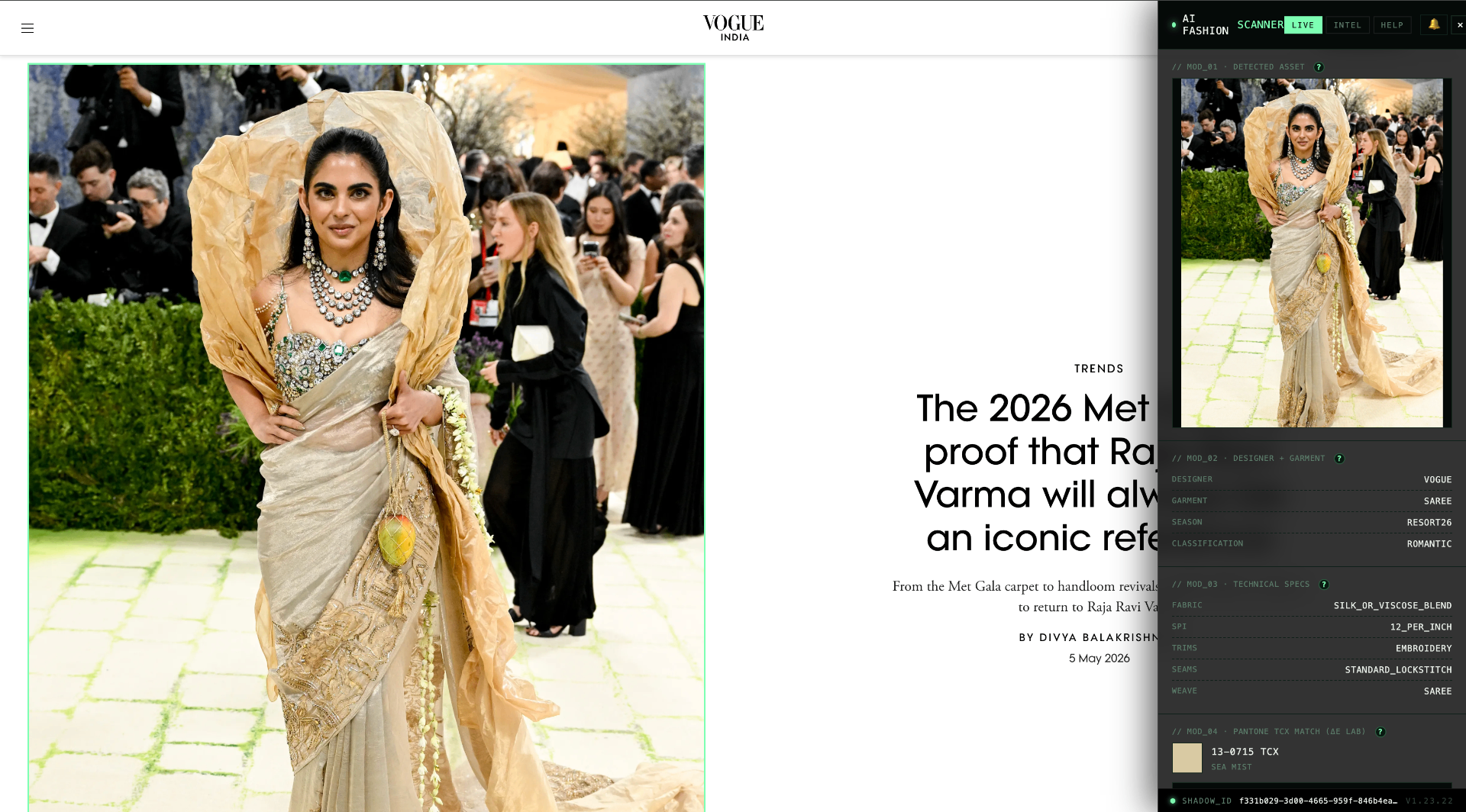 Scanner extension analyzing a Vogue India editorial image, extracting designer, garment type, season and embroidery details.